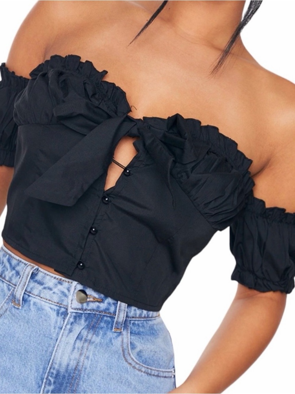 PrettyLittleThing Black Off-Shoulder Ruffle Tie Crop Top